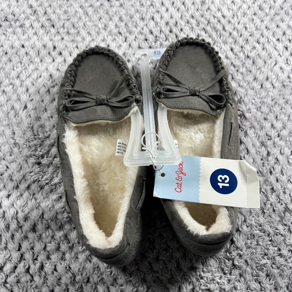 Cat Jack Toddler Girls Gray Bow Moccasin Slippers Size 13 Plush Lined NWT - Picture 4 of 8